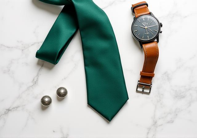 Composizione di accessori maschili: orologio, gemelli e cravatta in seta