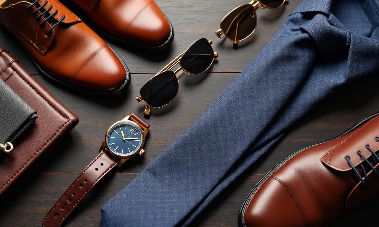 Composizione di accessori maschili eleganti su un tavolo di legno