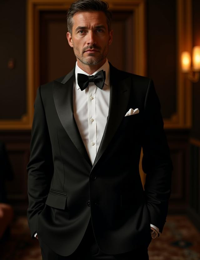 Uomo elegante in smoking nero sartoriale