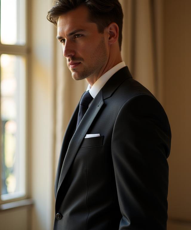 Sposo elegante con abito sartoriale moderno